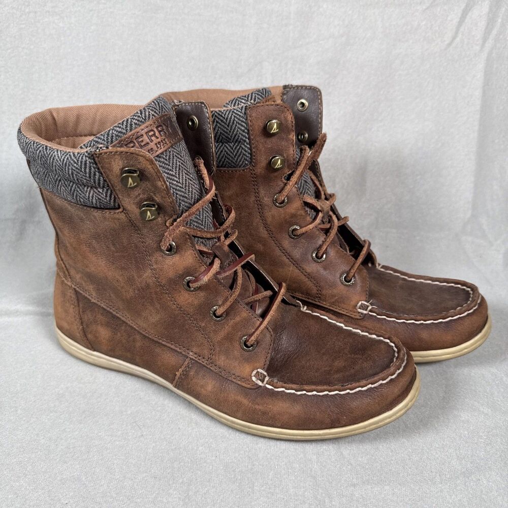 Sperry Boots Womens Size 8.5 Brown Leather Herringbone Ankle Lace Up STS96729